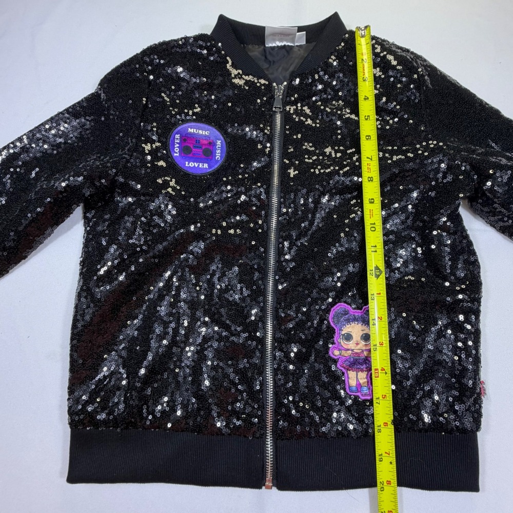 LOL Surprise Remix Girls Black Sequin Bomber Jacket Music Lover Patch Size 10/12 - Picture 5 of 7